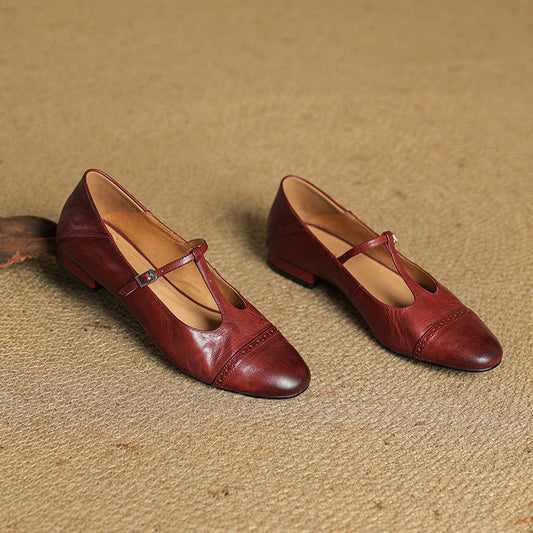 Amelier Women's Leather Brogue Flats T-Strap Lace-Up Maroon