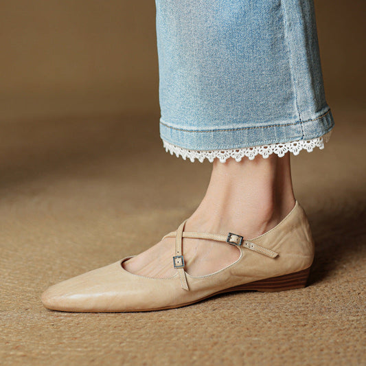 Amelier Women's Leather Ballet Flats Cross-Strap Almond Toe