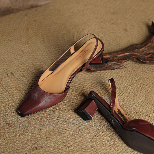 Amelier Women's Leather Slingback Heels Angular Block Brown