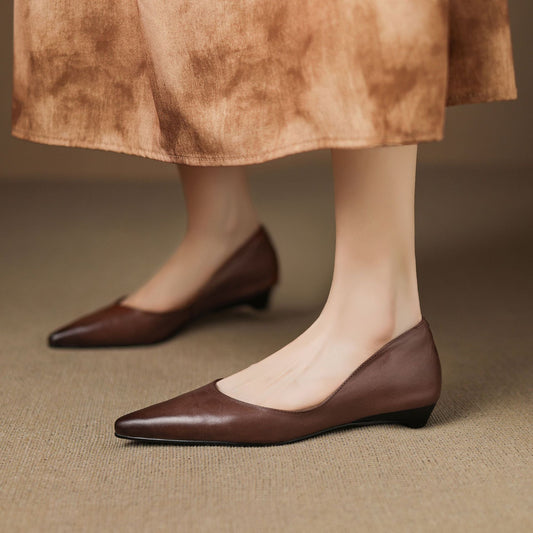Amelier Women's Leather Flats Pointed Toe Low Block Heel Apricot