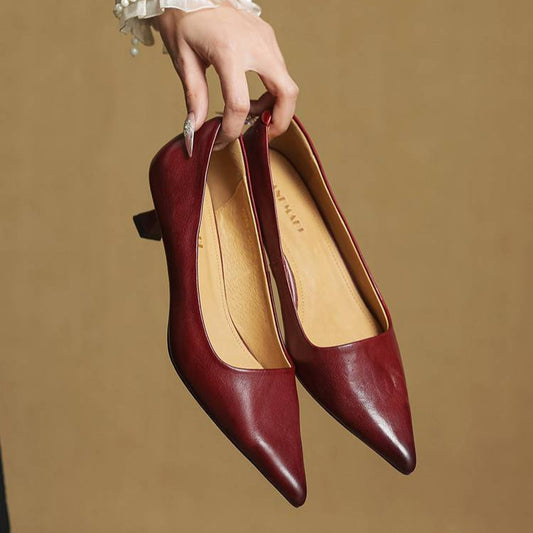 Amelier Women's Leather Kitten Heels Pointed Toe Slim Maroon