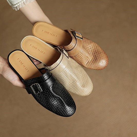 Amelier Women's Woven Leather Mules Buckle Strap Khaki