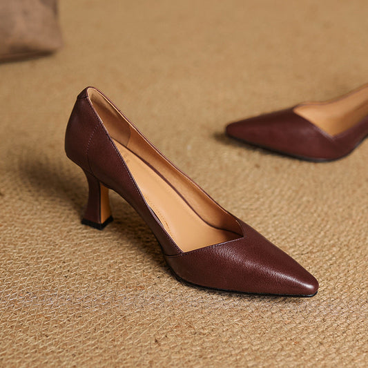 Amelier Women's Leather Heels Pointed Toe Flared Heel
