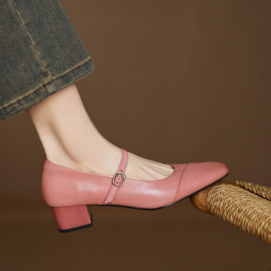 Amelier Women's Leather Mary Jane Pumps Block Heel Pink