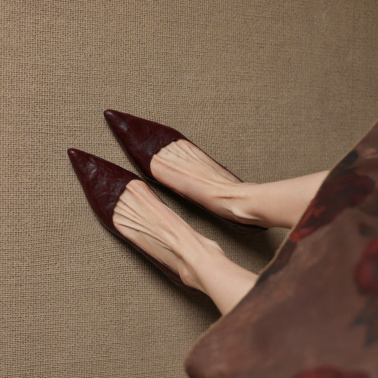 Amelier Women's Leather Kitten Heels Pointed Toe Maroon