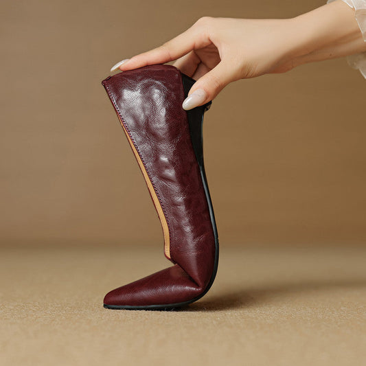 Amelier Women's Leather Flats Pointed Toe Hidden Wedge Burgundy