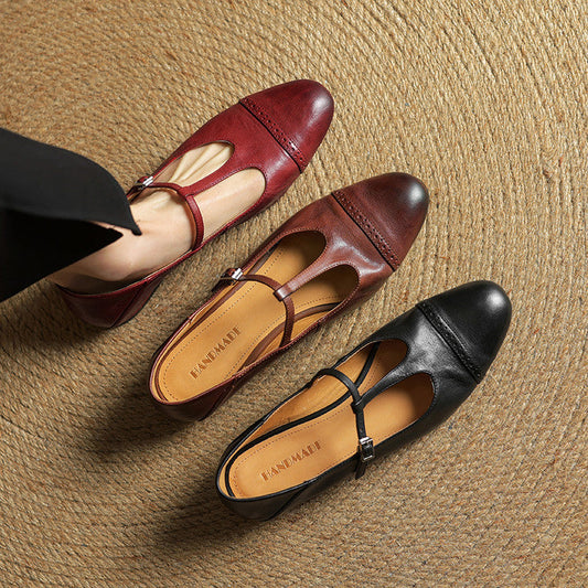 Amelier Women's Leather Brogue Flats T-Strap Lace-Up Maroon
