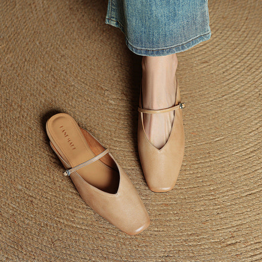 Amelier Women's Leather Mary Jane Mules Square Toe Apricot