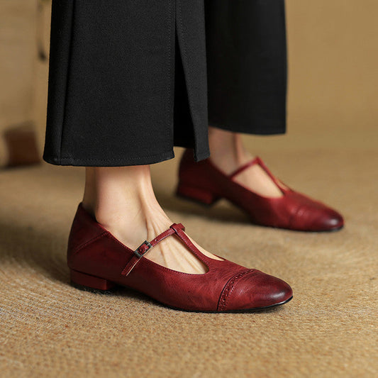 Amelier Women's Leather Brogue Flats T-Strap Lace-Up Maroon