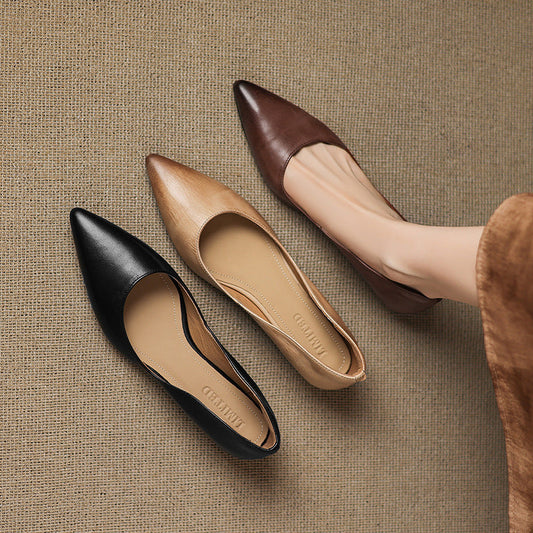 Amelier Women's Leather Flats Pointed Toe Low Block Heel Apricot