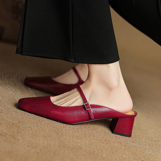 Amelier Women's Leather Mules Square Toe Block Heel Red