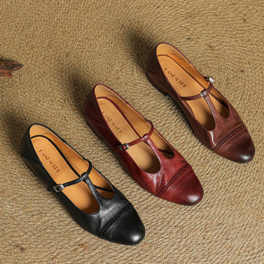Amelier Women's Leather Brogue Flats T-Strap Lace-Up Maroon