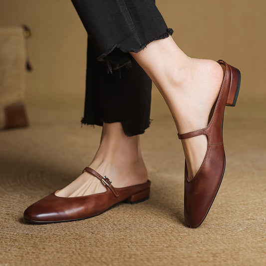 Amelier Women's Leather Mary Jane Mules Brown
