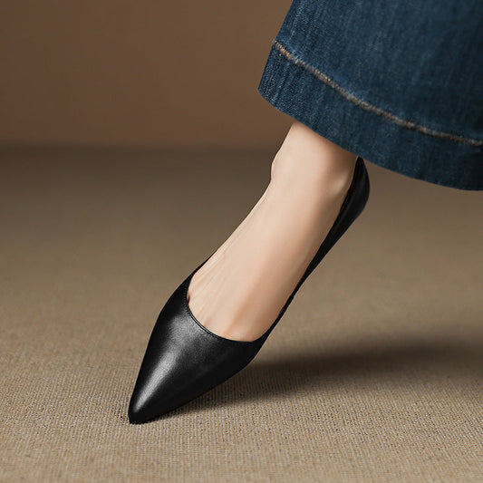 Amelier Women's Leather Flats Pointed Toe Low Block Heel Apricot