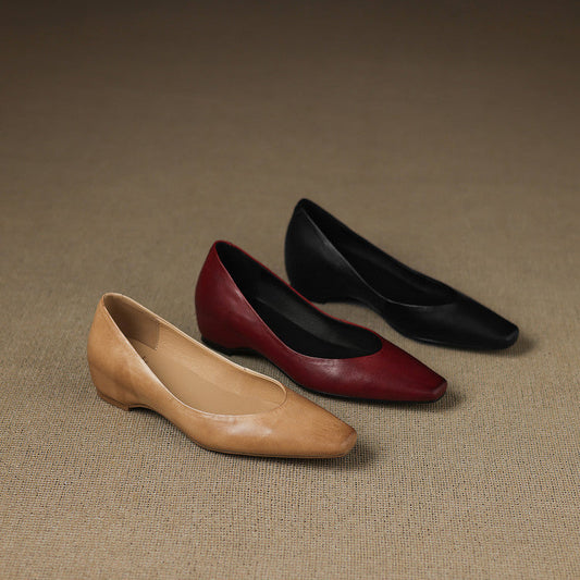 Amelier Women's Leather Flats Almond Toe Hidden Wedge Apricot