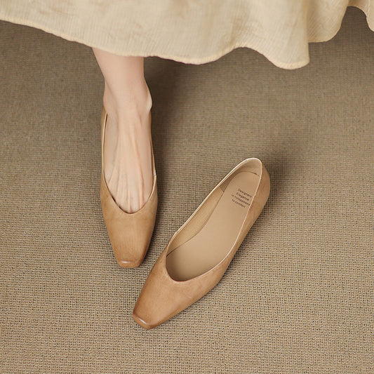 Amelier Women's Leather Flats Almond Toe Hidden Wedge Apricot