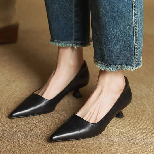 Amelier Women's Leather Kitten Heels Pointed Toe Black