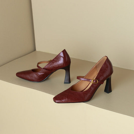 Amelier Women's Leather Mary Jane Pumps Pointed Toe Maroon