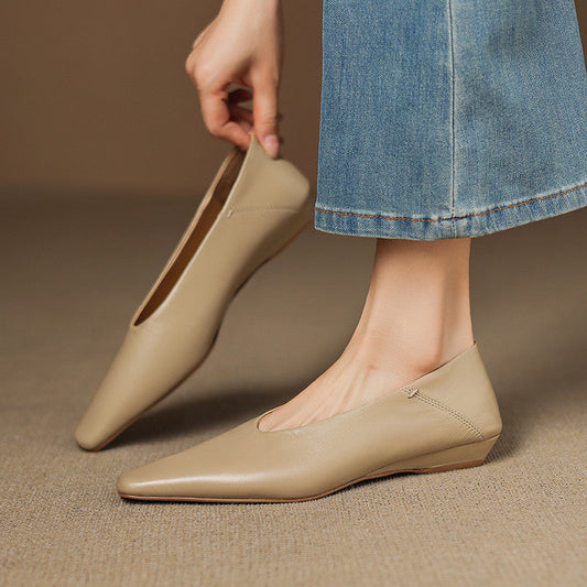 Amelier Women's Leather Flats Square Toe Hidden Wedge Apricot