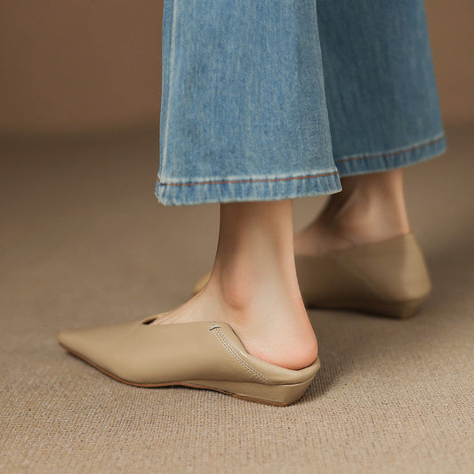 Amelier Women's Leather Flats Square Toe Hidden Wedge Apricot