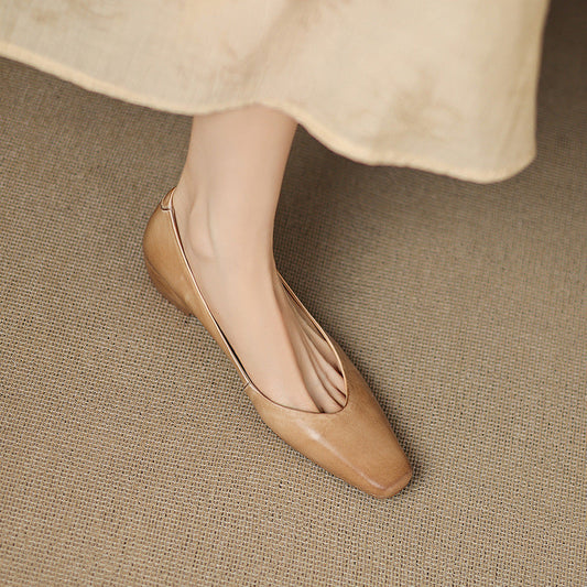 Amelier Women's Leather Flats Almond Toe Hidden Wedge Apricot