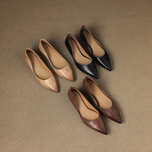 Amelier Women's Leather Flats Pointed Toe Low Block Heel Apricot