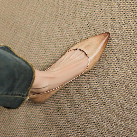 Amelier Women's Leather Flats Pointed Toe Low Block Heel Apricot