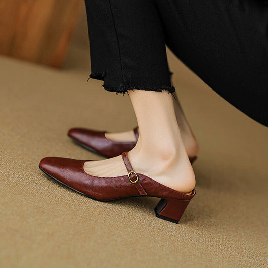 Amelier Women's Leather Mary Jane Mules Slip-On Maroon