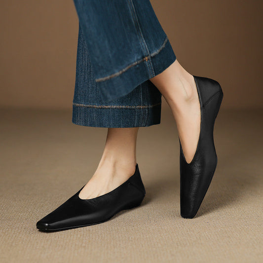 Amelier Women's Leather Flats Square Toe Hidden Wedge Apricot