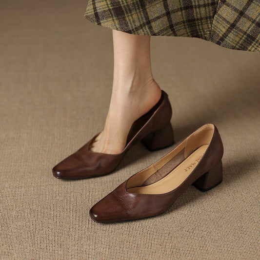Amelier Women's Leather Pumps Block Heel Closed Toe Apricot