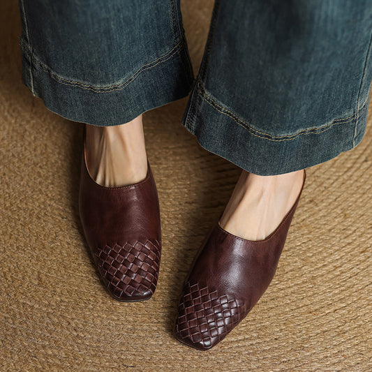 Amelier Women's Woven Leather Mules Slip-On Brown