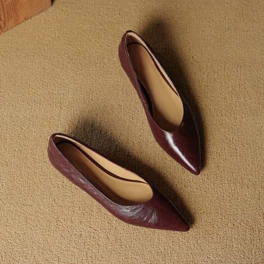 Amelier Women's Leather Flats Pointed Toe Hidden Wedge Burgundy