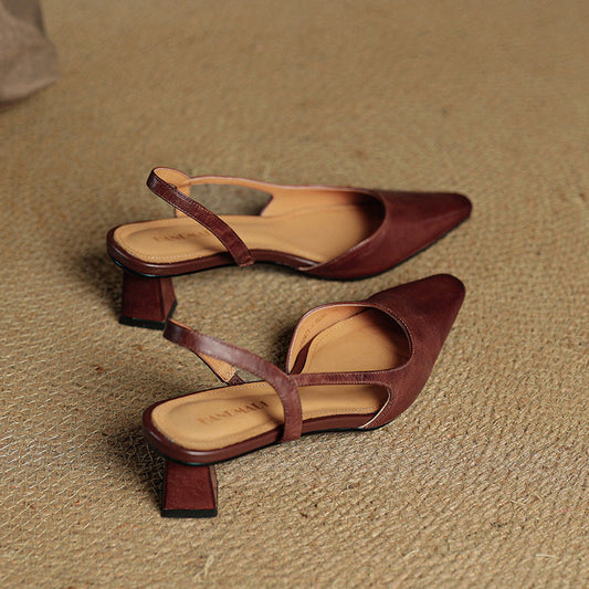 Amelier Women's Leather Slingback Heels Angular Block Brown