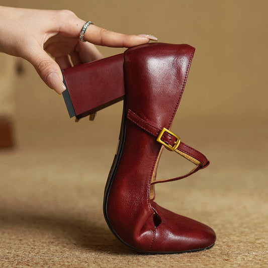 Amelier Women's Leather Pumps Block Heel Brown