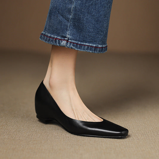Amelier Women's Leather Flats Almond Toe Hidden Wedge Apricot