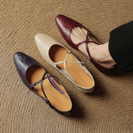 Amelier Women's Leather Ballet Flats Cross-Strap Almond Toe