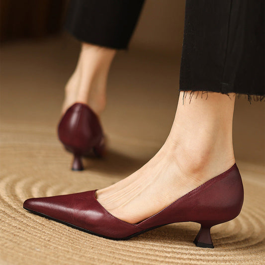 Amelier Women's Leather Kitten Heels Pointed Toe Maroon