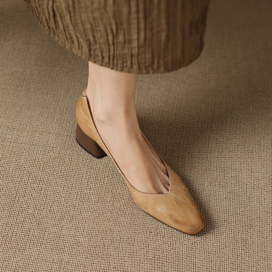 Amelier Women's Leather Pumps Block Heel Apricot
