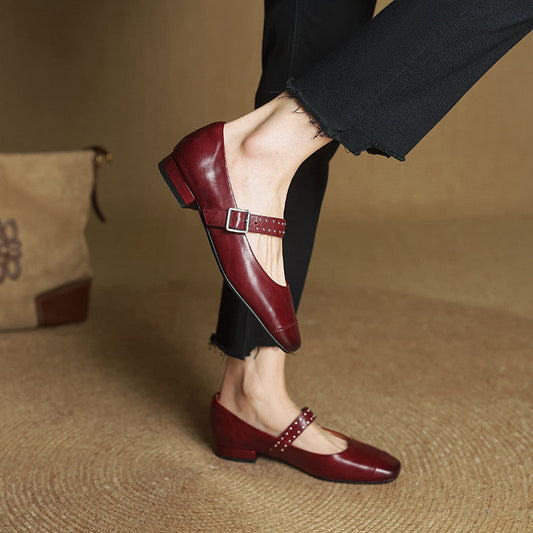 Amelier Women's Leather Mary Jane Pumps Studded Maroon