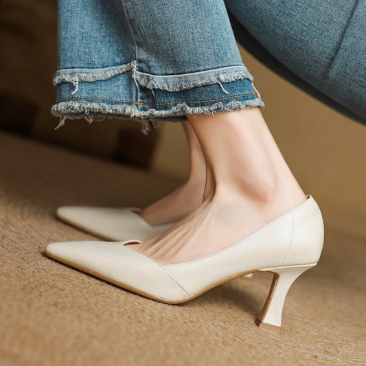 Amelier Women's Leather Heels Pointed Toe Flared Heel
