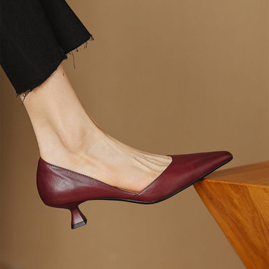 Amelier Women's Leather Kitten Heels Pointed Toe Maroon