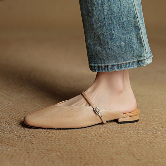 Amelier Women's Leather Mary Jane Mules Square Toe