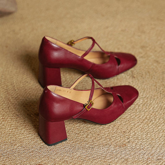 Amelier Women's Leather Pumps Block Heel Brown