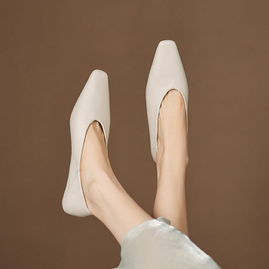 Amelier Women's Leather Flats Square Toe Hidden Wedge Apricot