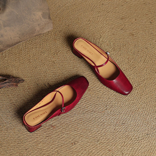 Amelier Women's Leather Mules Square Toe Block Heel Red