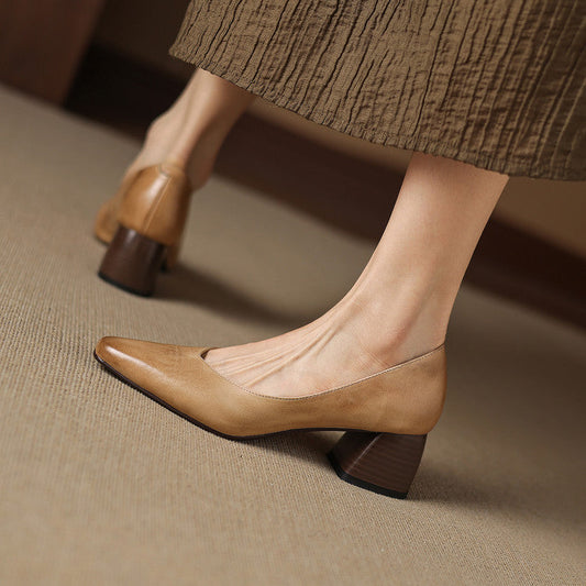 Amelier Women's Leather Pumps Block Heel Apricot