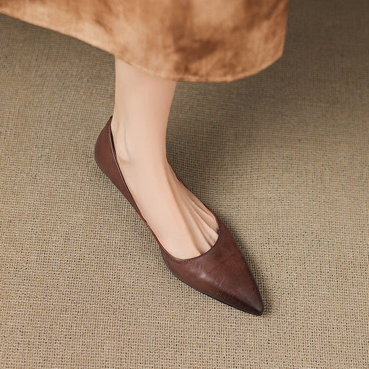 Amelier Women's Leather Flats Pointed Toe Low Block Heel Apricot
