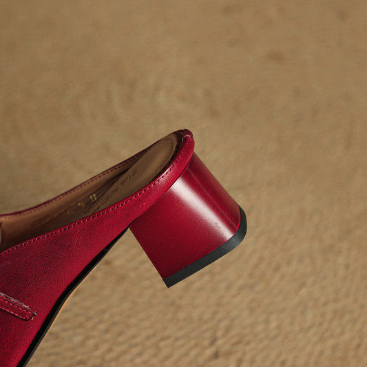 Amelier Women's Leather Mules Square Toe Block Heel Red