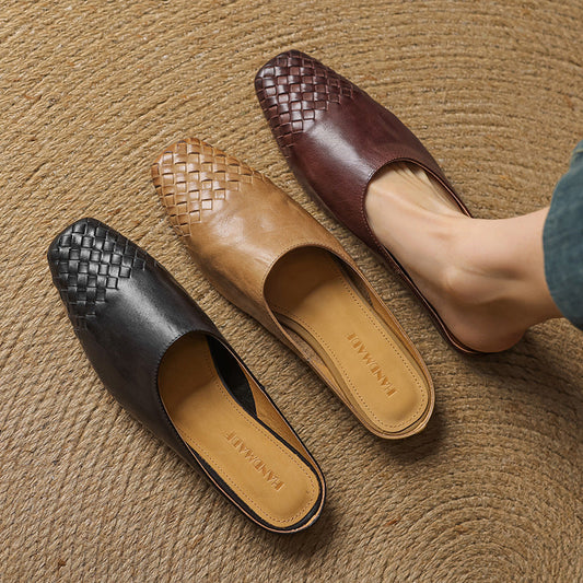 Amelier Women's Woven Leather Mules Slip-On Brown