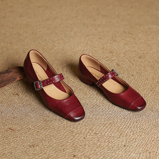 Amelier Women's Leather Mary Jane Pumps Studded Maroon